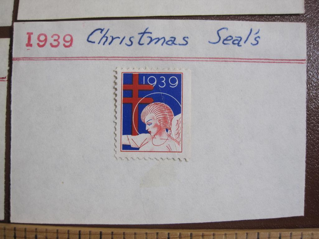 Lot of 10 1930s era US christmas seals hinged to display cards