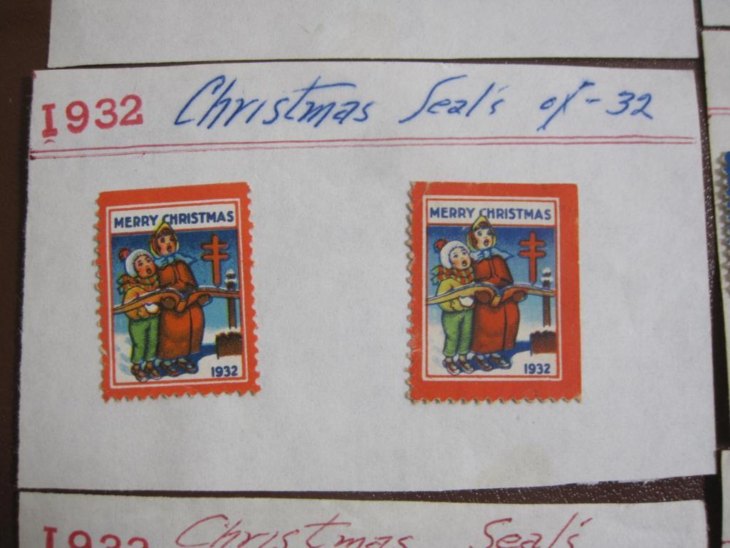 Lot of 10 1930s era US christmas seals hinged to display cards