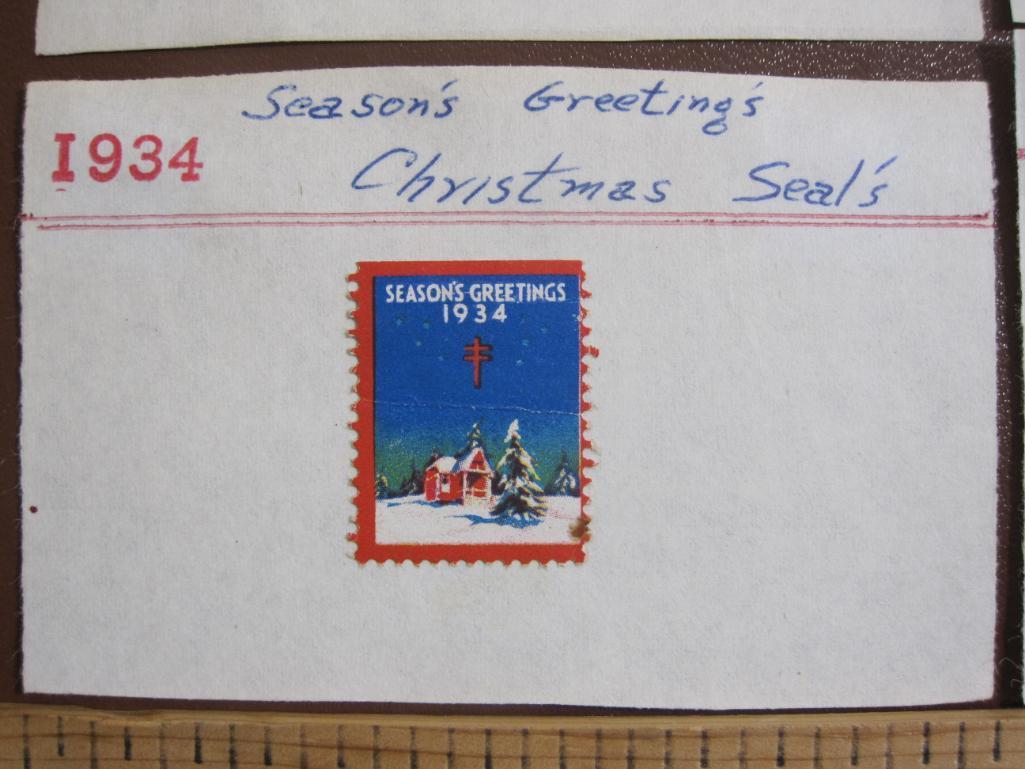 Lot of 10 1930s era US christmas seals hinged to display cards