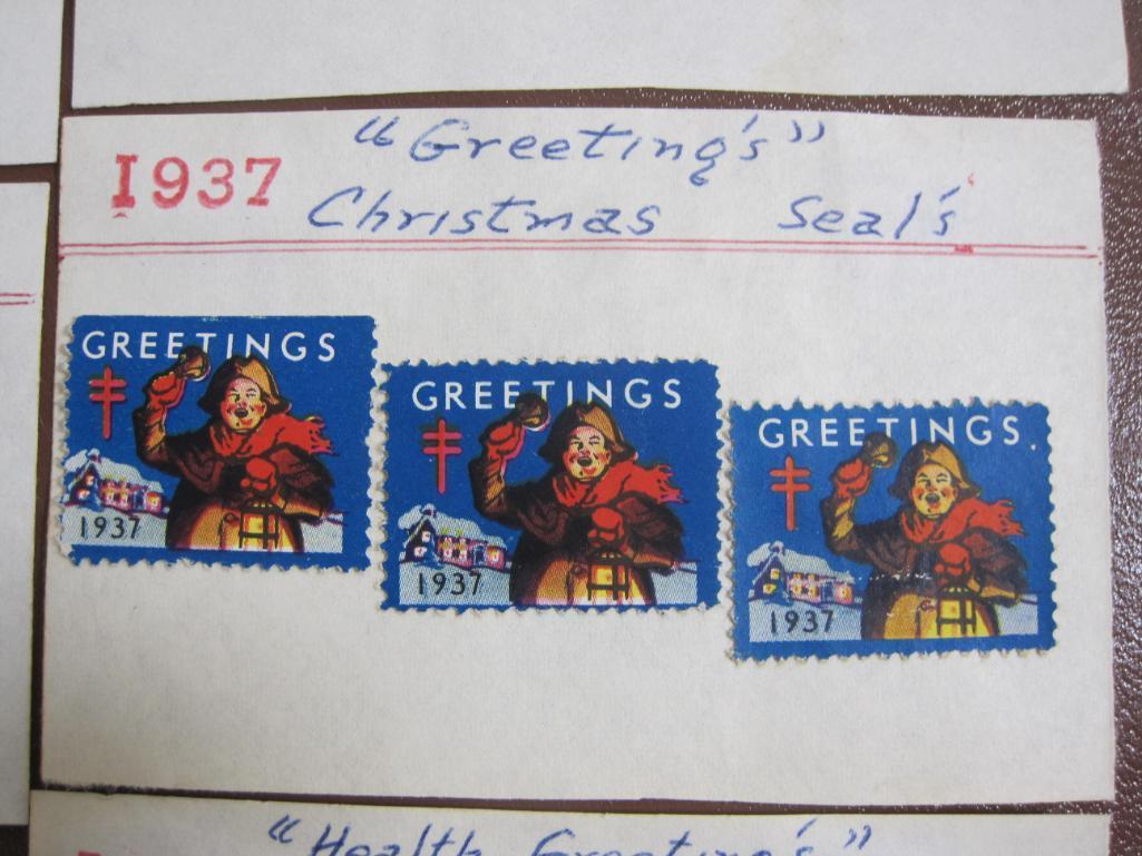 Lot of 10 1930s era US christmas seals hinged to display cards