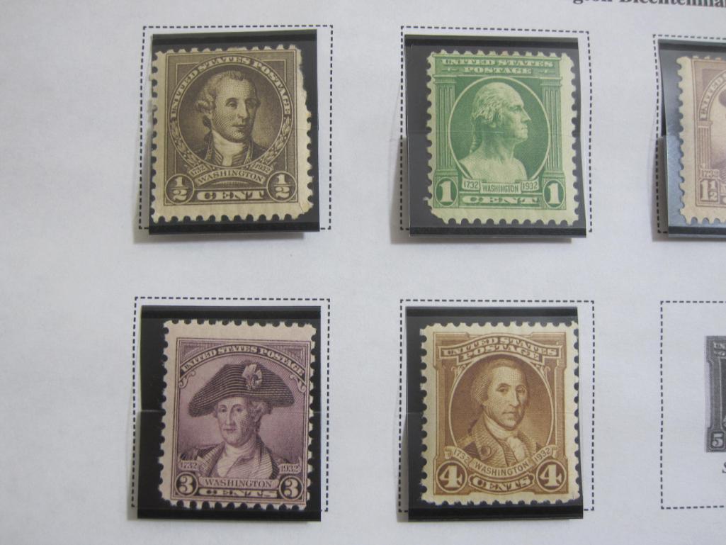 An official Scott album page of 11 (out of 12) hinged 1932 US postage stamps, each based on a