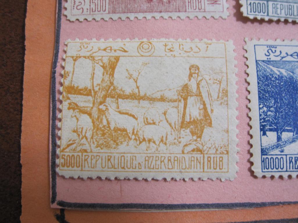 Six hinged 1924 Azerbaijan "semi-postal" stamps, which were used for regular postge but were of