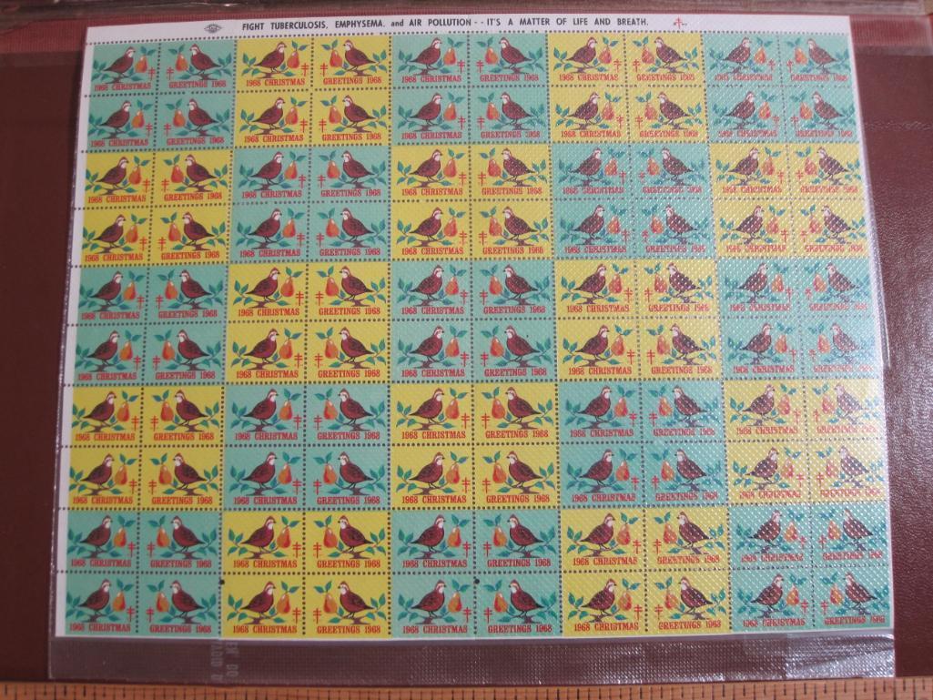 One sheet of 100 1968 American Lung Association US Christmas Seals; sheet has protective plastic