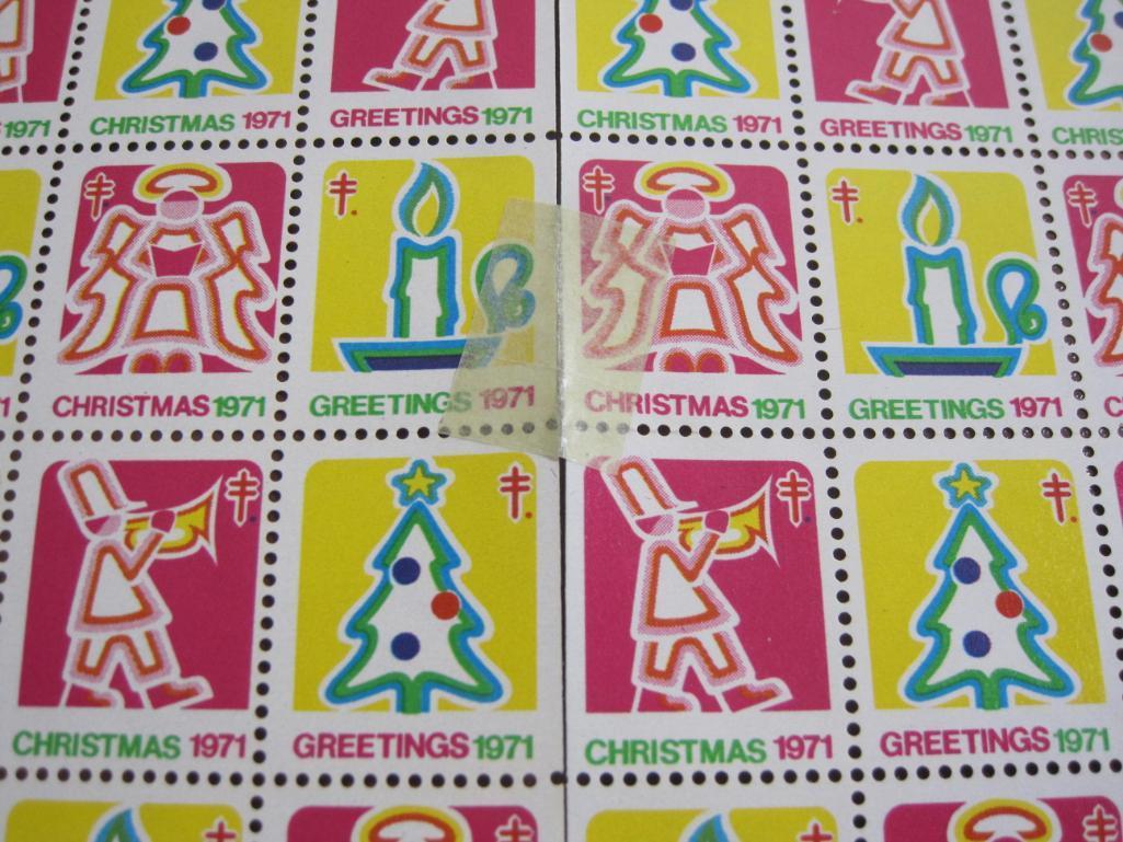 Two full sheets of 100 1971 American Lung Association US Christmas Seals; sheets are attached by