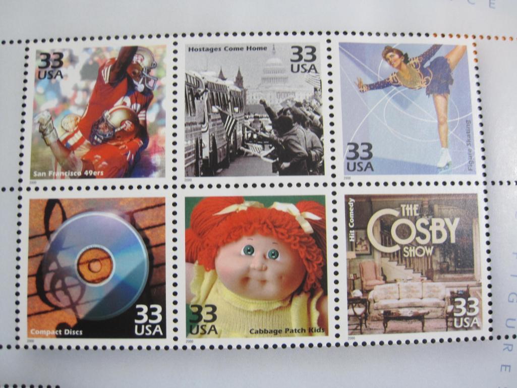 2000 souvenir sheet Celebrate the Century, 1980s, featuring 15 33 cent US postage stamps honoring