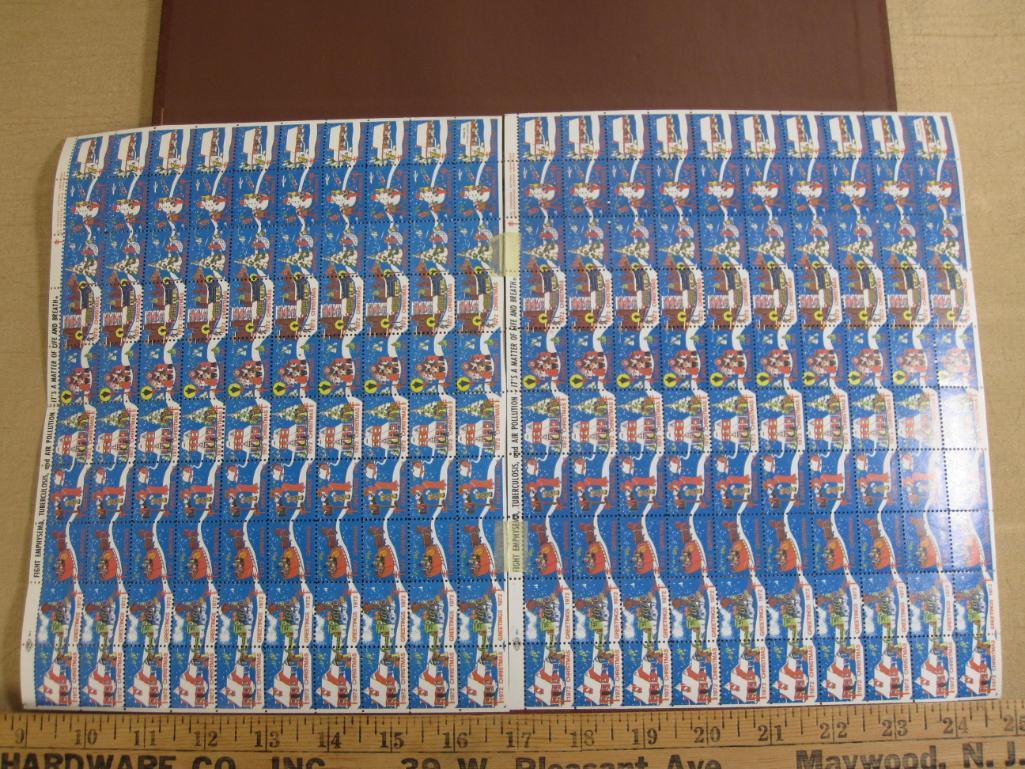 TWO full sheets of 100 1972 American Lung Association US Christmas Seals; sheets are atached via