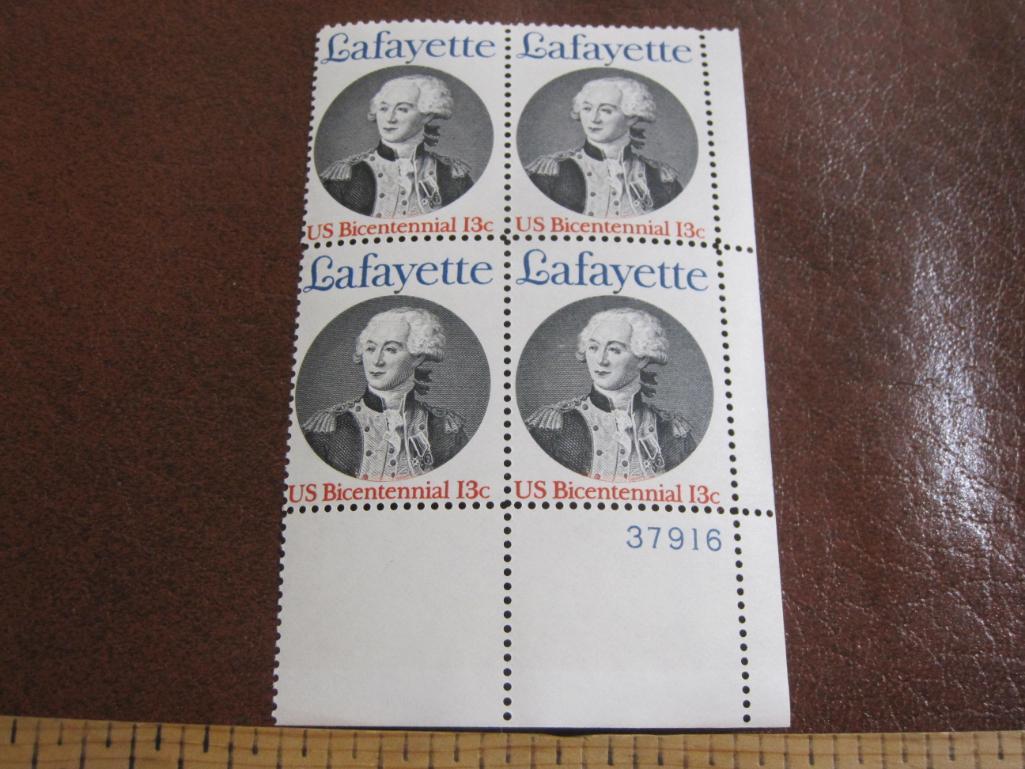 One block of 4 1977 13 cent Marquis de Lafayette US postage stamps, Scott # 1716