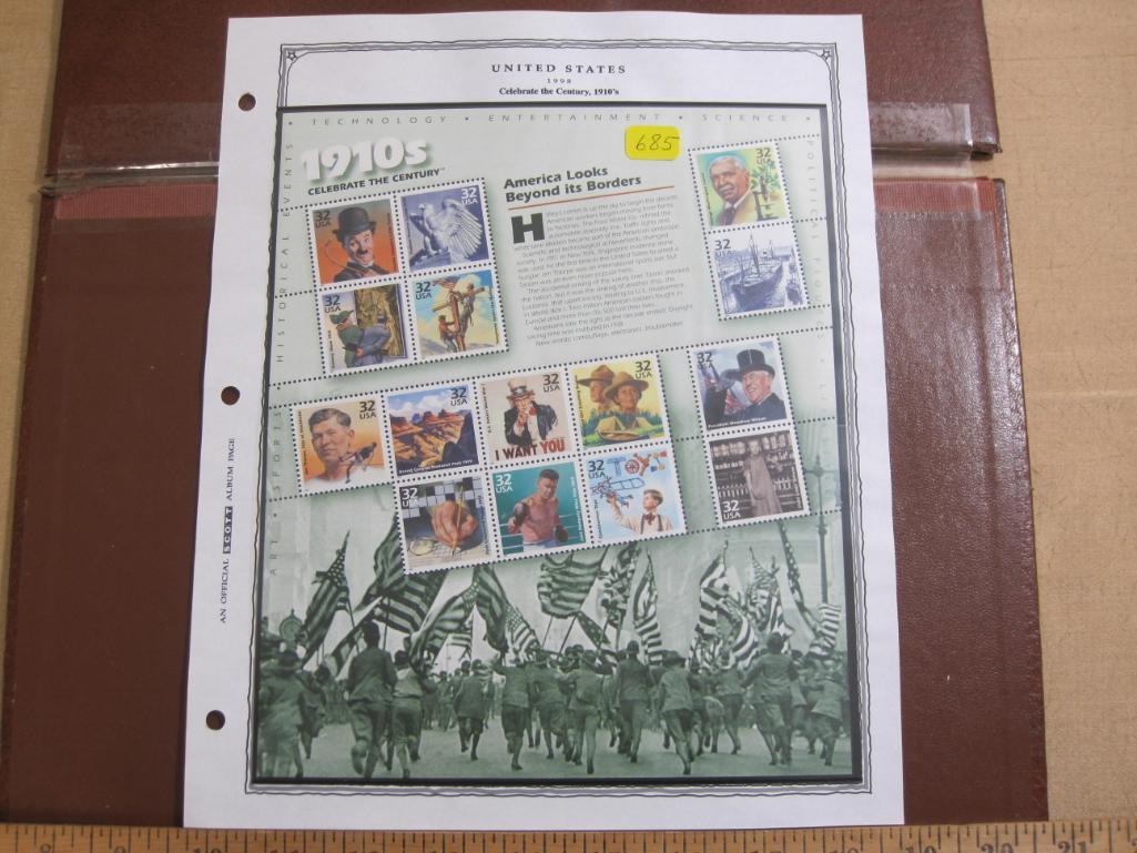 1998 souvenir sheet "Celebrate the Century, 1910s," featuring 15 32 cent US postage stamps honoring