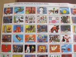 TWO full sheets of 1977 American Lung Association US Christmas seals; sheets are attached via