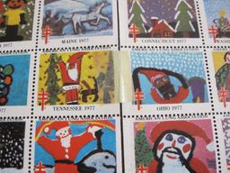 TWO full sheets of 1977 American Lung Association US Christmas seals; sheets are attached via