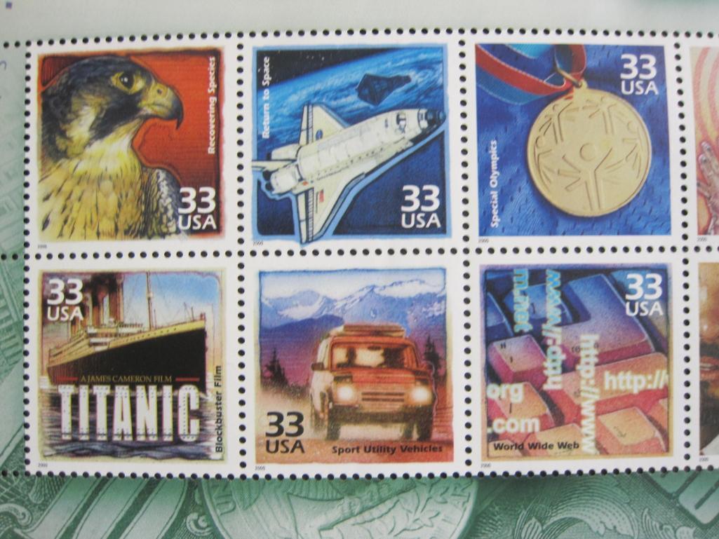 2000 souvenir sheet "Celebrate the Century, 1990s," featuring 15 33 cent US postage stamps honoring