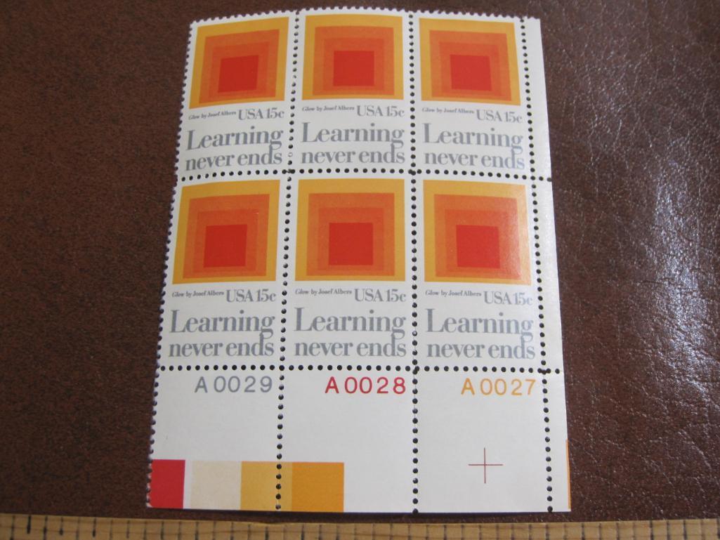 Block of 6 1980 15 cent Learning Never Ends US postage stamps, Scott # 1833