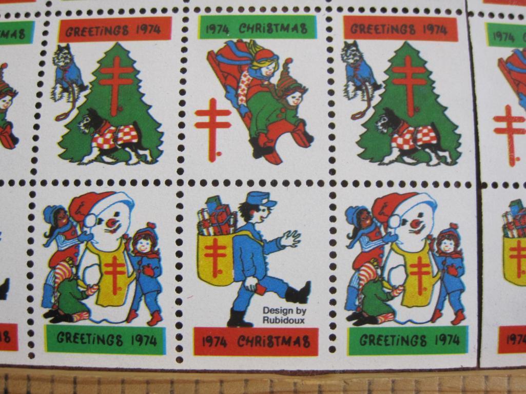 TWO full sheets of 100 1974 American Lung Association US Christmas seals; sheets are attached via