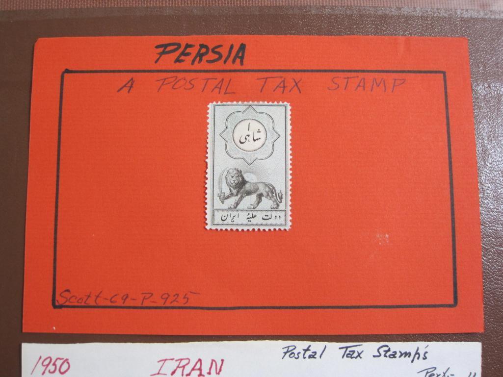 One hinged Persia postal tax stamp and one hinged 1950 Iran postal tax stamp, the latter depicting