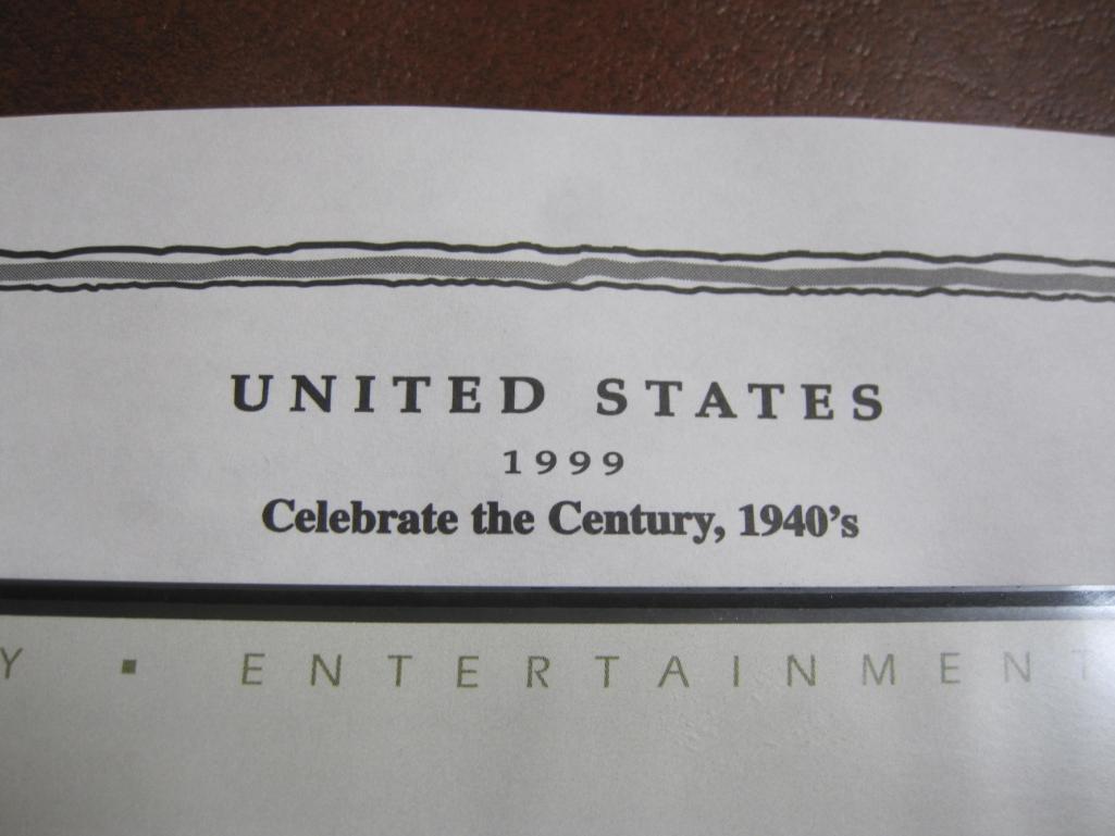 1999 Souvenir Sheet "Celebrate the Century, 1940s," featuring 15 33 cent US postage stamps honoring