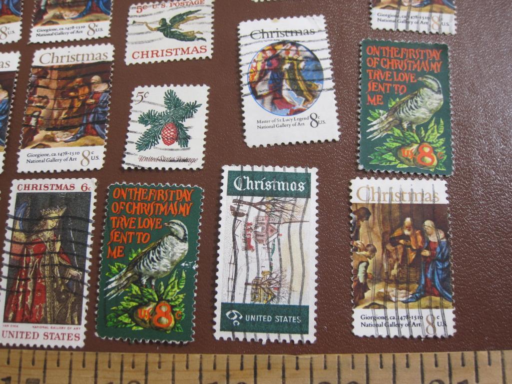 Lot of approximately 20 cancelled Christmas-themed US postage stamps including 1971 Partridge & Pear