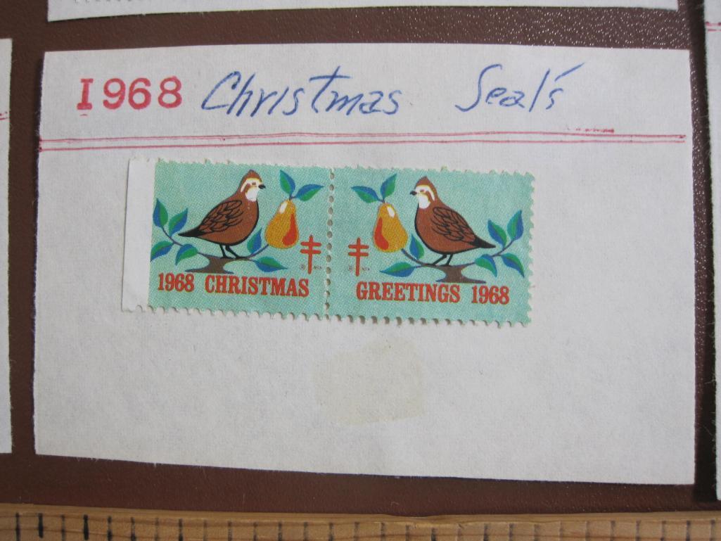 Lot includes 11 American Lung Association US Christmas seals from 1960s-70s hinged on display cards;