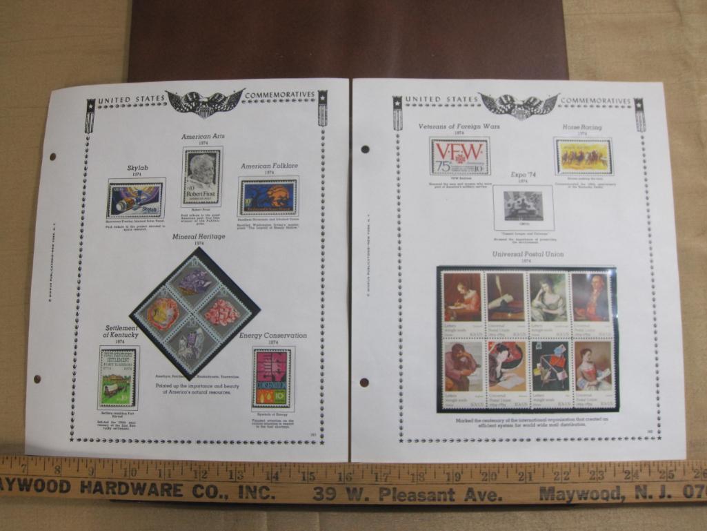 Lot of two completed stamp collecting album pages printed by Minkus Publications; includes 19