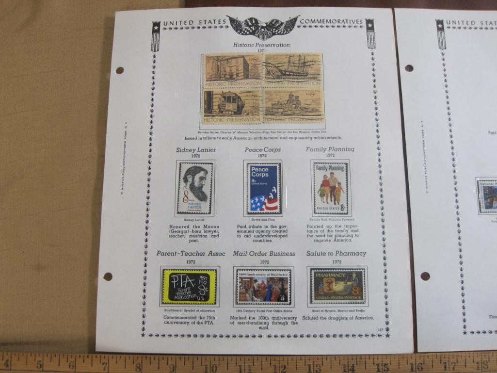 Two completed stamp collecting album pages printed by Minkus Publications; includes thirteen mounted