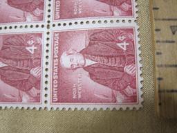 Block of 4 1958 Noah Webster 4 cent US postage stamps, #1121