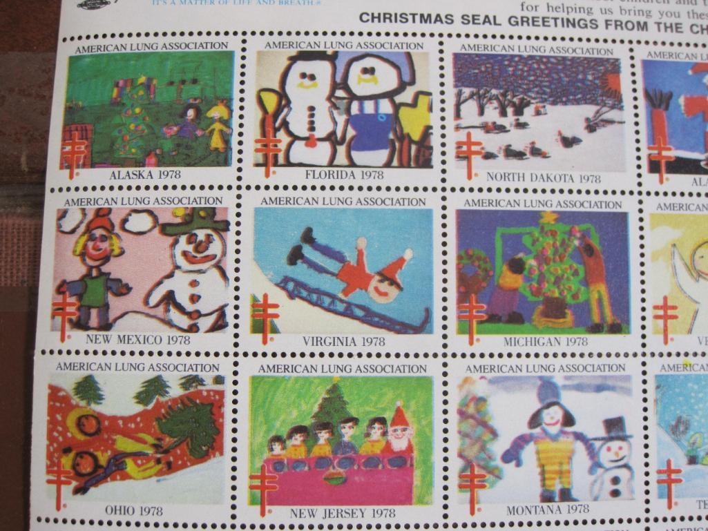 Full sheet of 54 seperated into two blocks of 1978 American Lung Association US Christmas seals; see