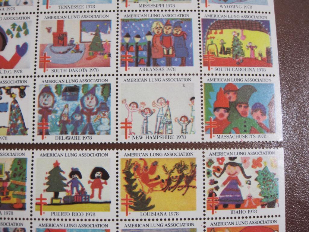 Full sheet of 54 seperated into two blocks of 1978 American Lung Association US Christmas seals; see