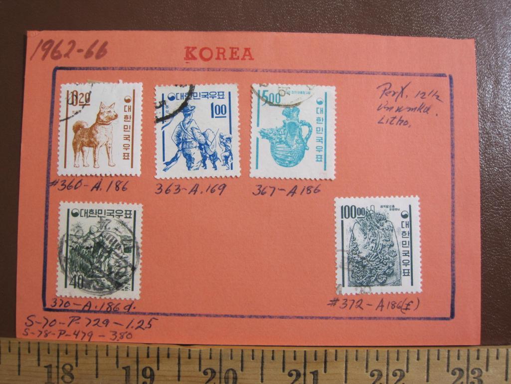 Five 1962-66 hinged canceled Korea postage stamps