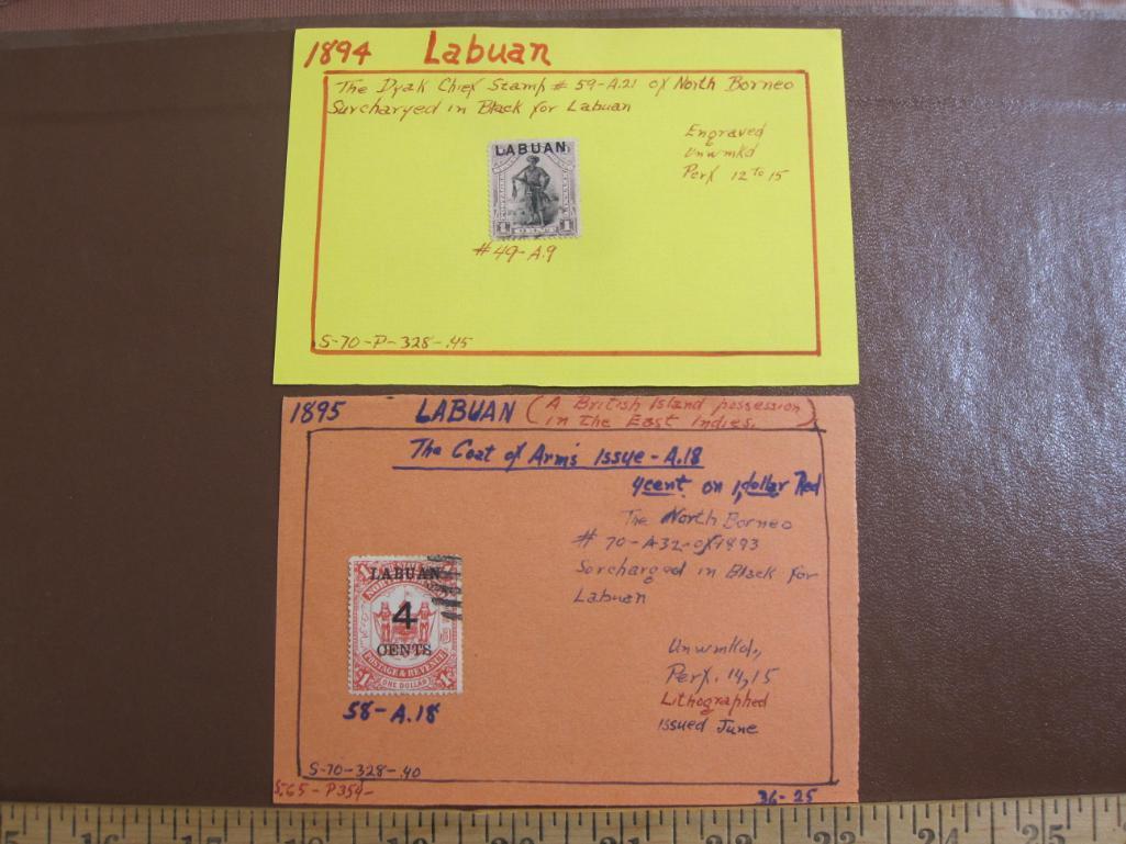 Two hinged stamps from Labuan, North Borneo, 1894 and 1895, from a time when it was a British island