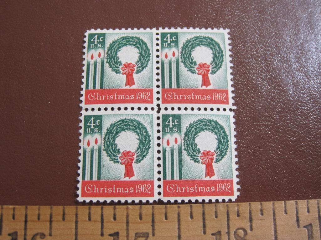 Block of 4 1962 4 cent Christmas Wreath and Candles US postage stamps, Scott # 1205