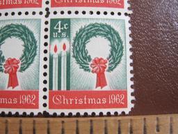 Block of 4 1962 4 cent Christmas Wreath and Candles US postage stamps, Scott # 1205