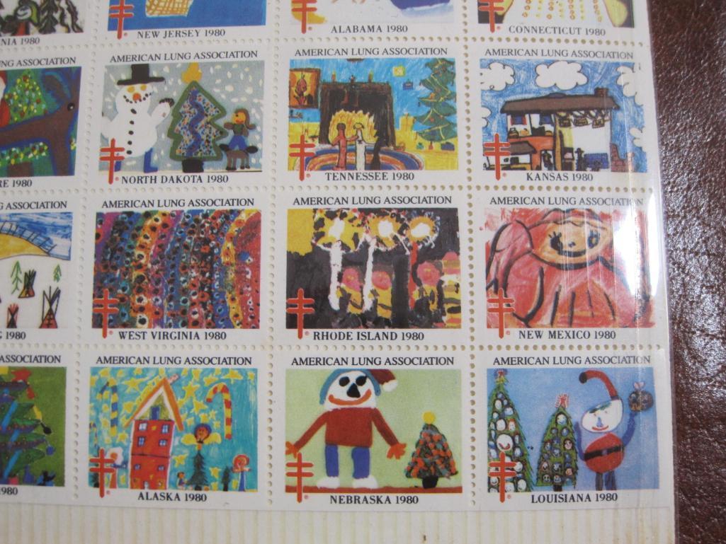 THREE full sheets of 54 1980 American Lung Association US Christmas seals; see pictures for