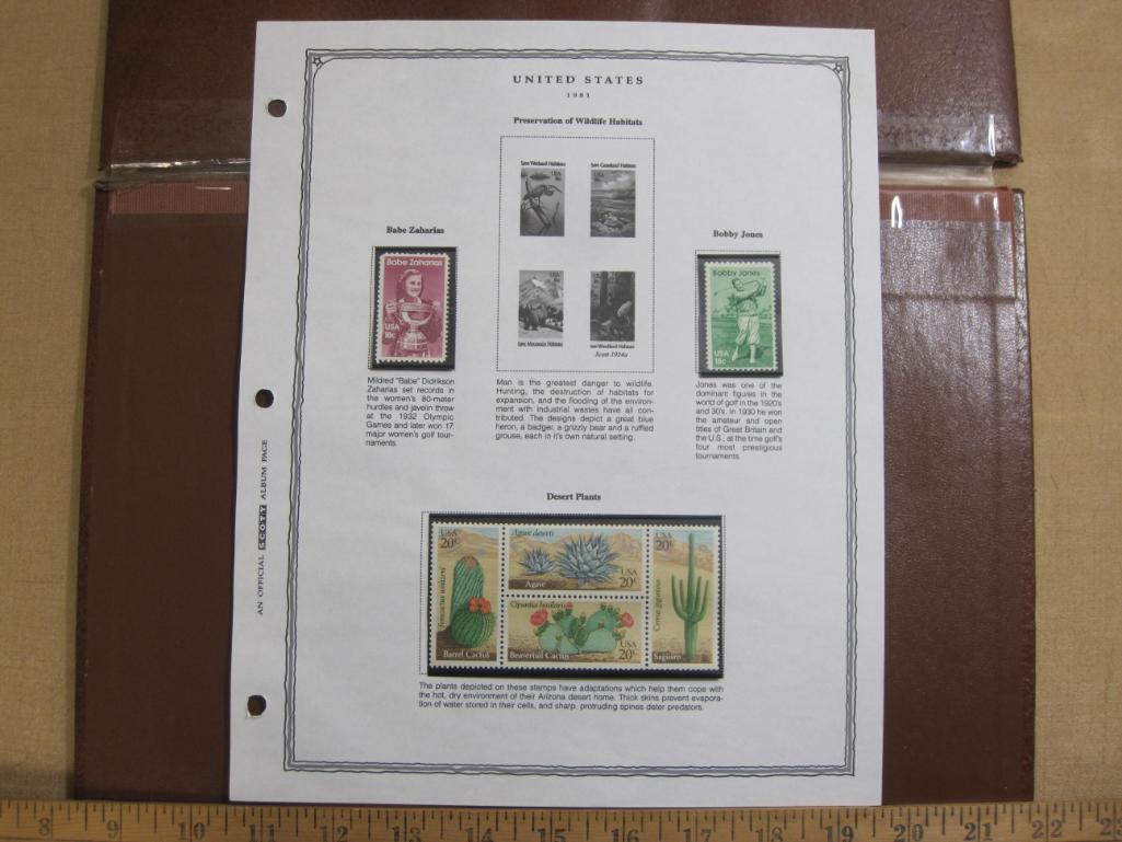 TWO partially completed official Scott album pages featuring 11 uncancelled 1981 US postage stamps