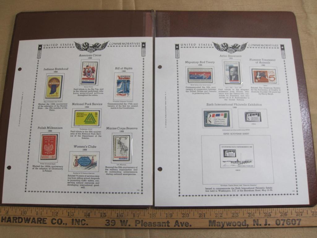 Two stamp collecting album pages printed by Minkus Publications; includes 9 mounted mint US postage