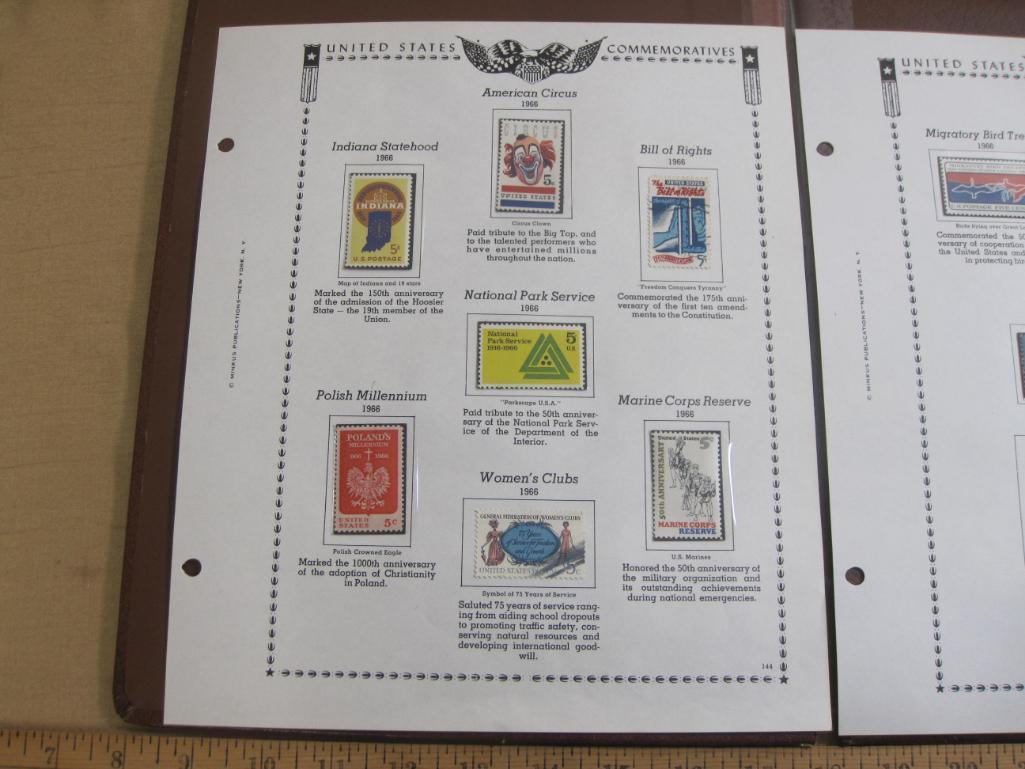 Two stamp collecting album pages printed by Minkus Publications; includes 9 mounted mint US postage