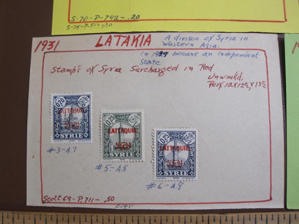 Six hinged postage stamps (one 1933, five 1931) from Latakia, a port city in Syria. Note with the