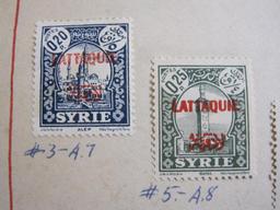 Six hinged postage stamps (one 1933, five 1931) from Latakia, a port city in Syria. Note with the
