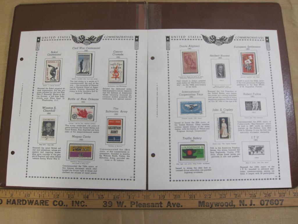 Two stamp collecting album pages printed by Minkus Publications; includes 9 mounted mint US postage