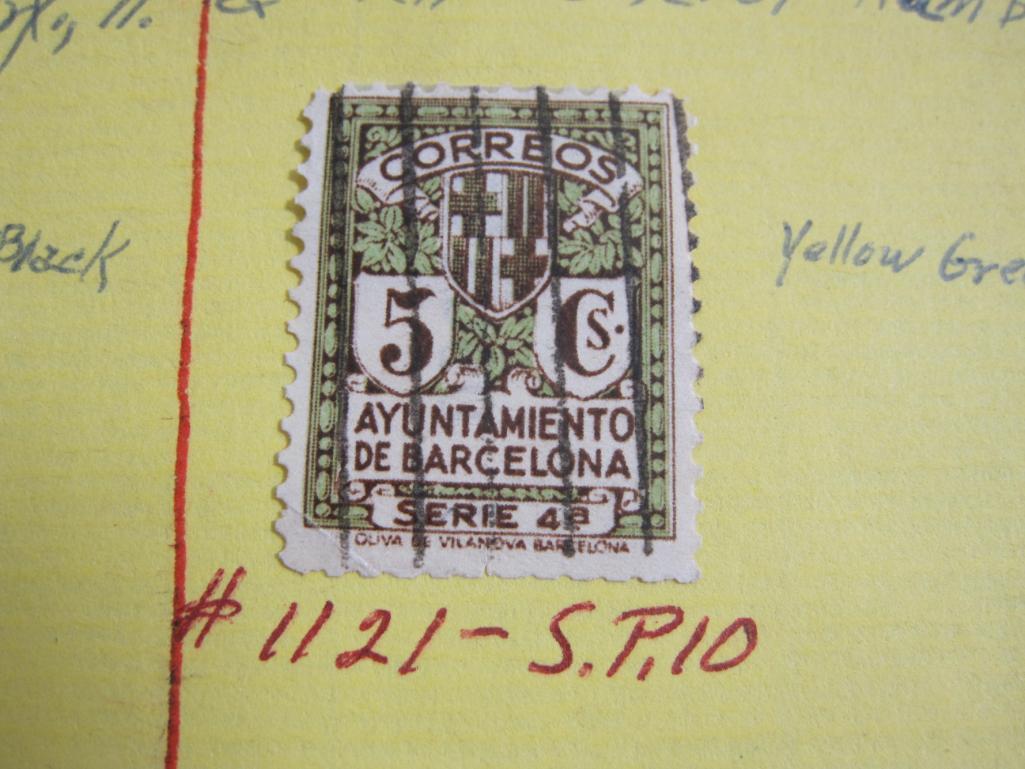 Three hinged Spain stamps: one 1934 "series 3A," one 1935 series "4a" (both postal tax stamps, used