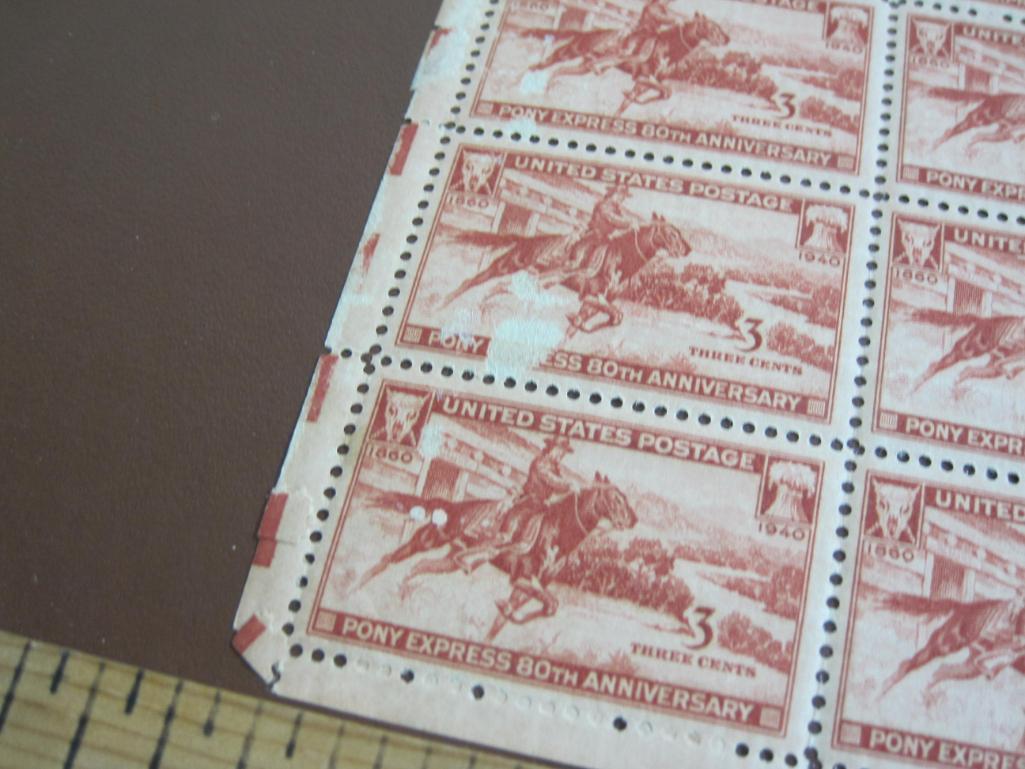 Full sheet of 50 1940 3 cent Pony Express 80th Anniversary US postage stamps, Scott # 894