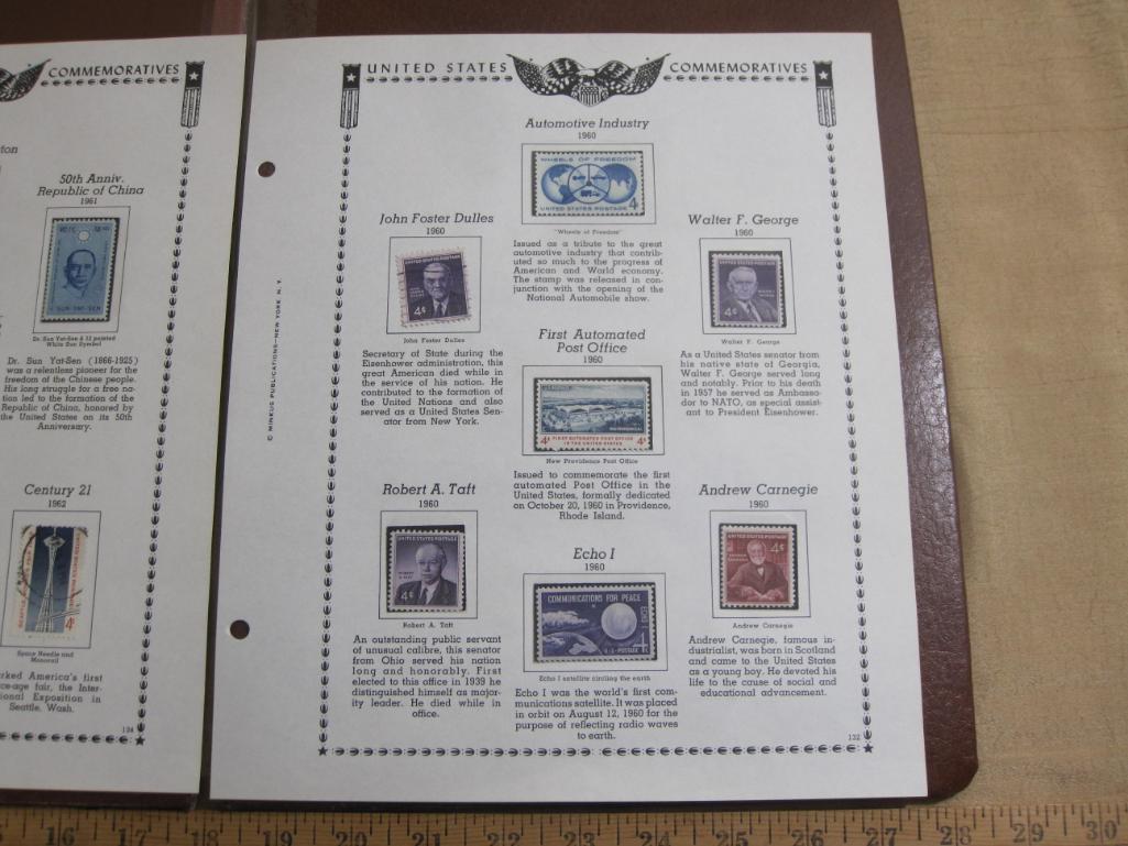 Two completed stamp collecting album pages printed by Minkus Publications; includes 11 mounted mint