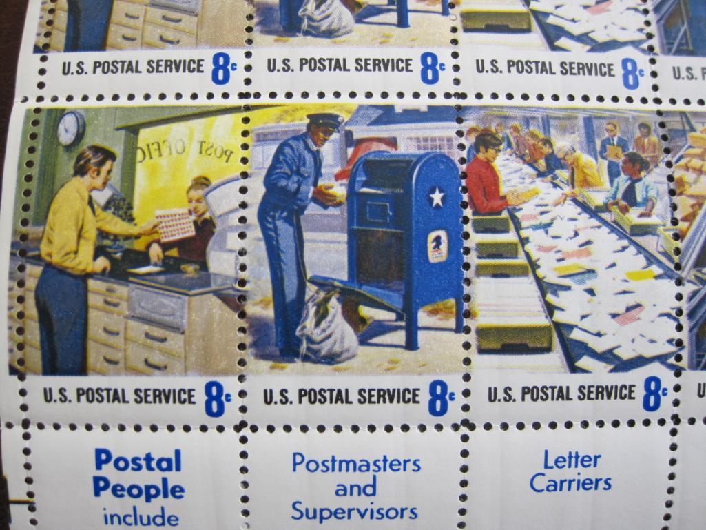Block of 20 1973 8 cent Postal Service Employees US postage stamps, Scott # 1489-98
