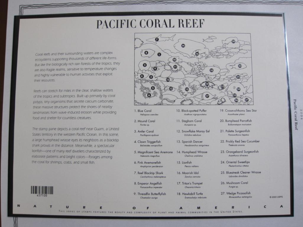2004 "Pacific Coral Reef" philatelic souvenir pane featuring 10 37 cent American sealife-themed US