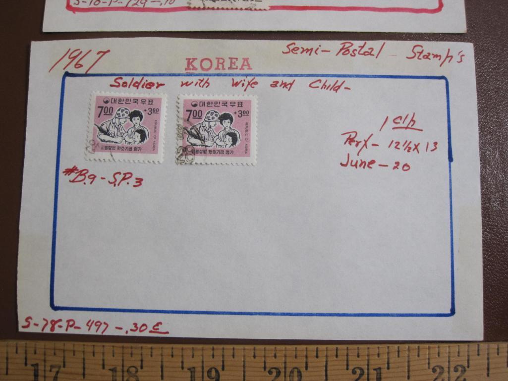 Four hinged Korea stamps: two (1962-66) depicting The King Sejong and Hangul Alphabet and two from