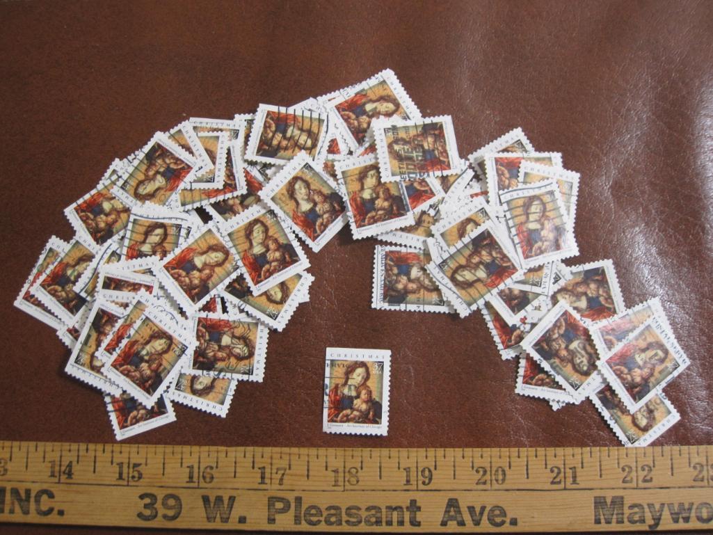 Lot of more than THREE DOZEN cancelled 2002 37 cent Christmas US postage stamps, Scott # 3675