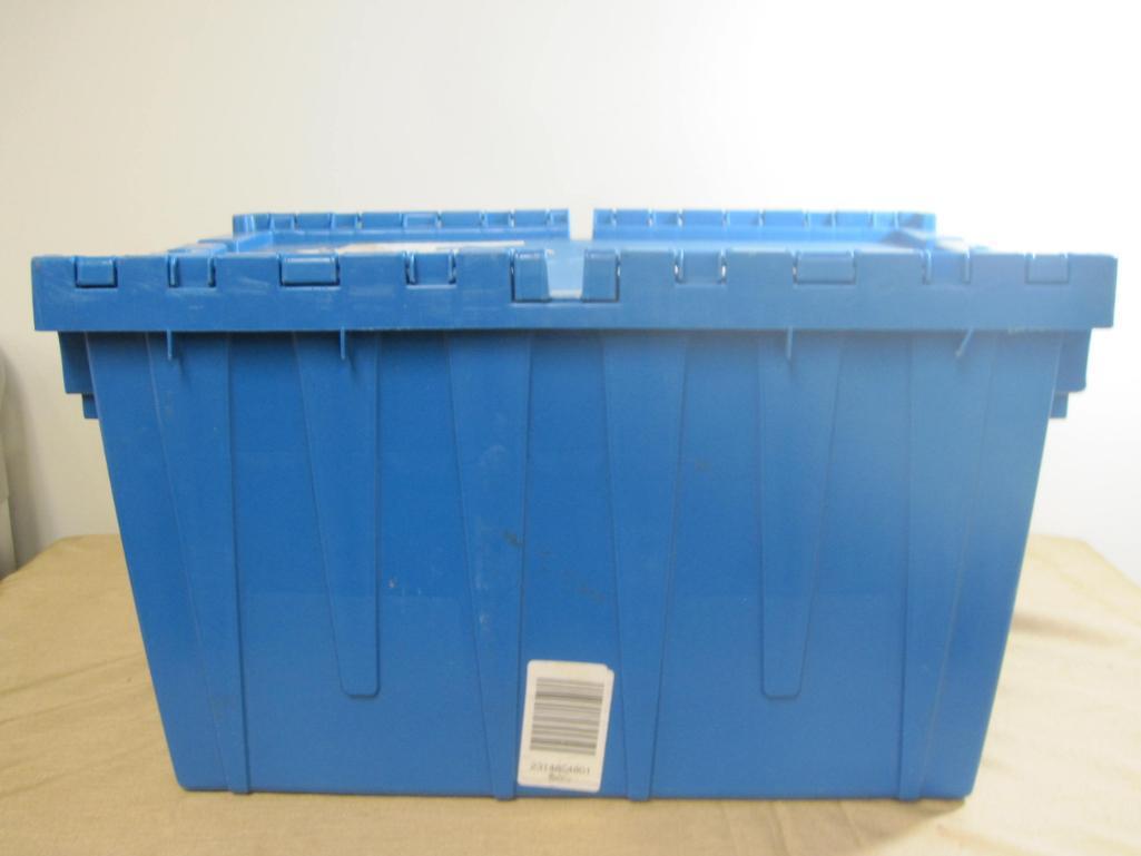 Lot of THREE stacking clamshell storage bins; one blue, two gray