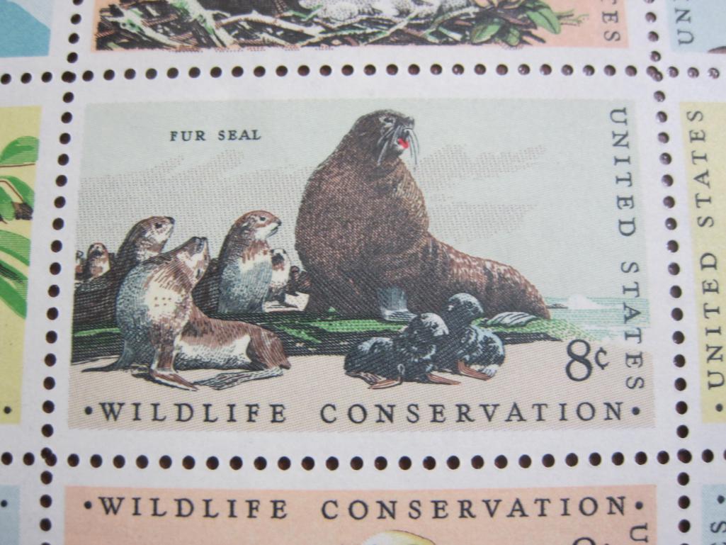Full sheet of 32 1972 8 cent Wildlife Conservation US Postage Stamps, Scott # 1464-67