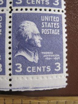 Block of 4 1948 Thomas Jefferson 3 cent US postage stamps, #807