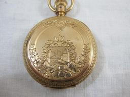 B and M Pocket Watch with 14K Gold BWC Co Case, 32087 on back of watch, 33G461 inside of case