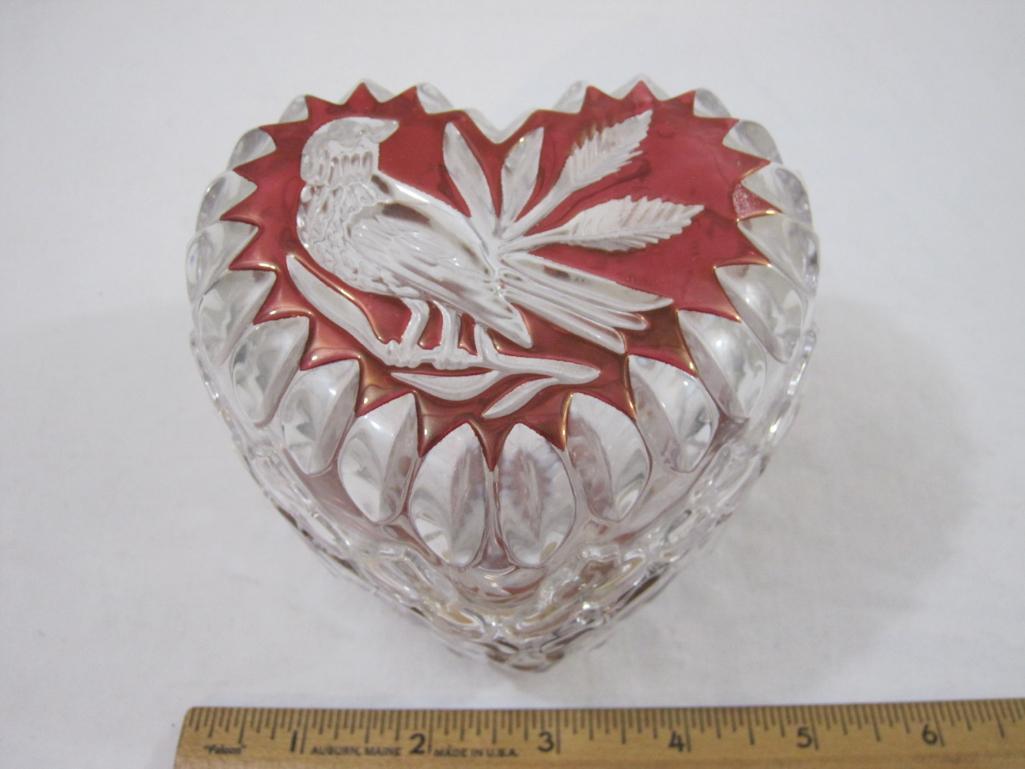 Vintage Ruby Byrdes Crystal Heart Covered Dish, Hofbauer over 24% Lead Crystal, 1 lb 9 oz
