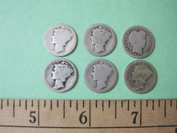 Five Silver Mercury Dimes and one 1911 Silver Barber Dime 13.1 g